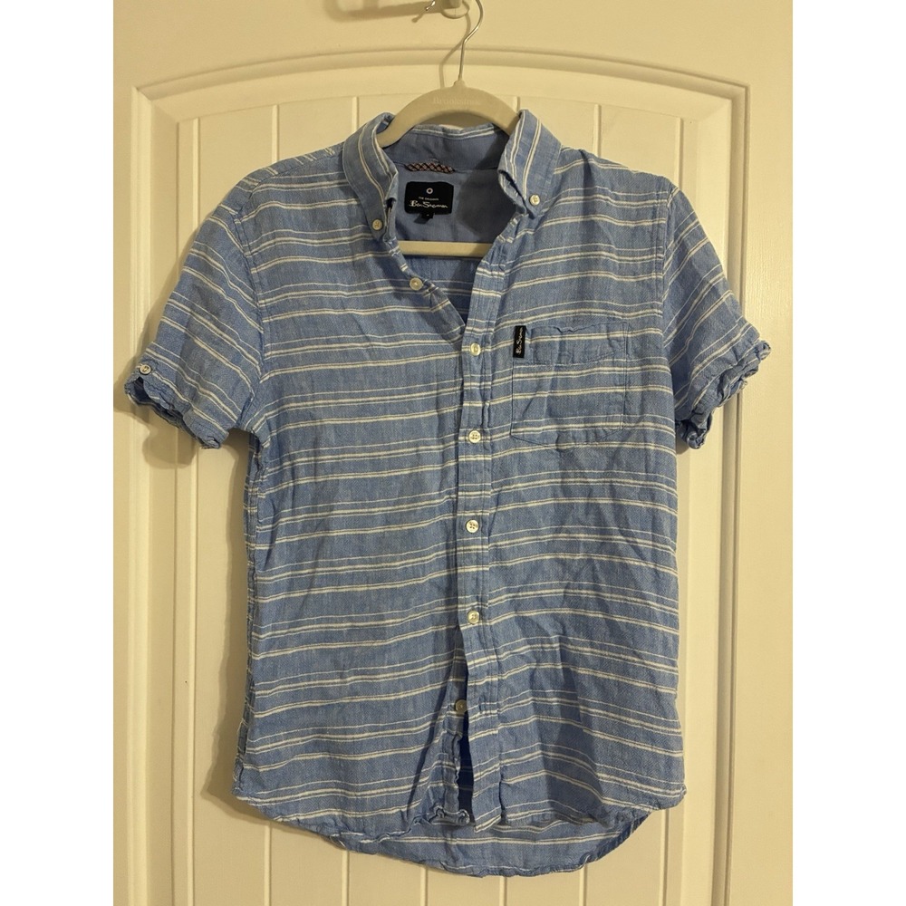 Ben Sherman Button Up Shirt Men's S Blue Striped Short Sleeve Linen/Rayon Blend